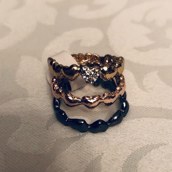 💜 Gold  Black Rose Gold Size 9/10 Heart Rings Set of 3 - Picture 4 of 11
